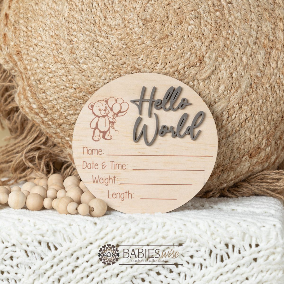 Personalised Hello World teddy bear birth announcement plaque with balloons, crafted from timber with 3D acrylic lettering