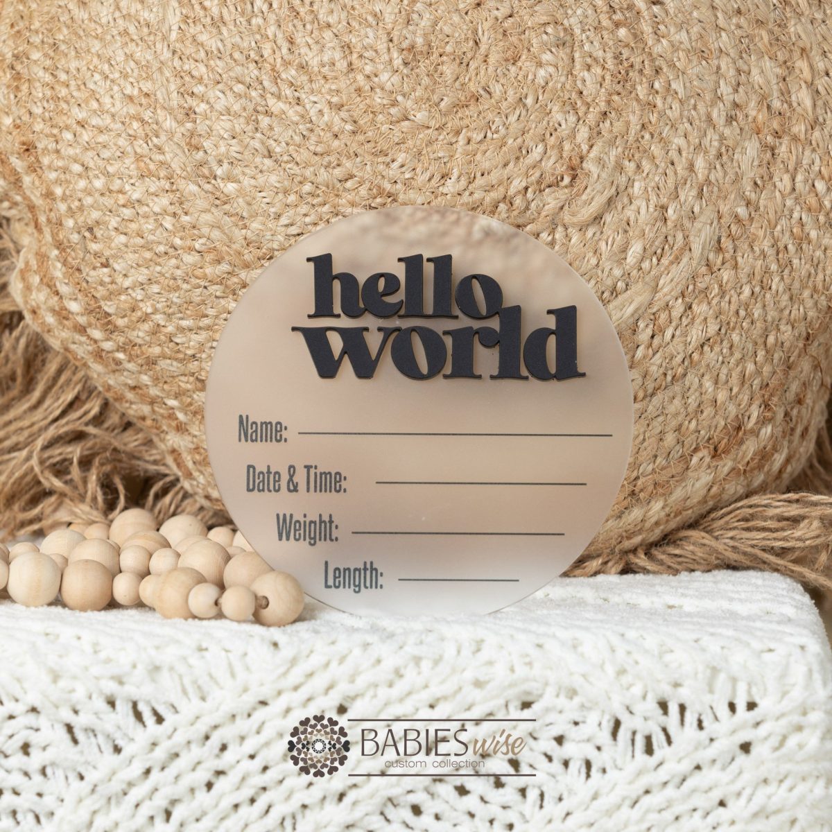 Modern frosted acrylic Hello World personalised birth announcement plaque with 3D acrylic lettering