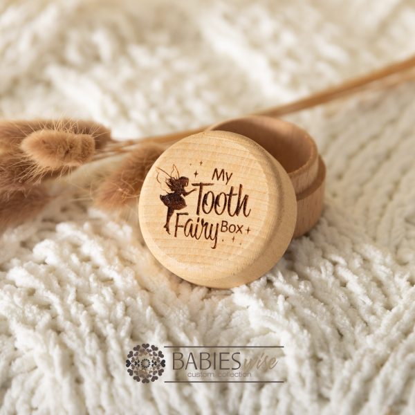 Timber tooth fairy box with laser engraved "My Tooth Fairy Box" text, fairy silhouette and stars. Styled with a soft blanket and Bunny Tails Grass.