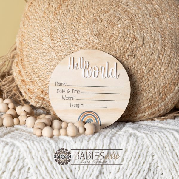 Hello World- Timber UV Printed blue Rainbow, 3D Acrylic Birth Announcement Plaque