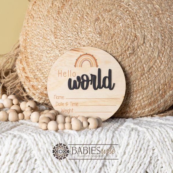 Hello World- Timber UV Printed Rainbow (Top of Plaque Brown Rainbow) 3D Acrylic “World” Birth Announcement Plaque