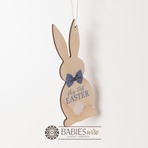 My First Easter bunny tag made from timber with a blue bow tie, hanging loop and printed "My First Easter" text. Styled hanging display.