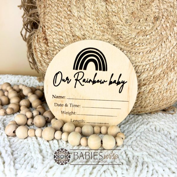 Rainbow baby birth announcement plaque with etched timber rainbow