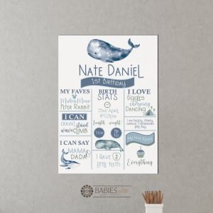 Blue whale- themed first birthday milestone board with personlised details on white background. Styled on a grey nursery wall above a desk.