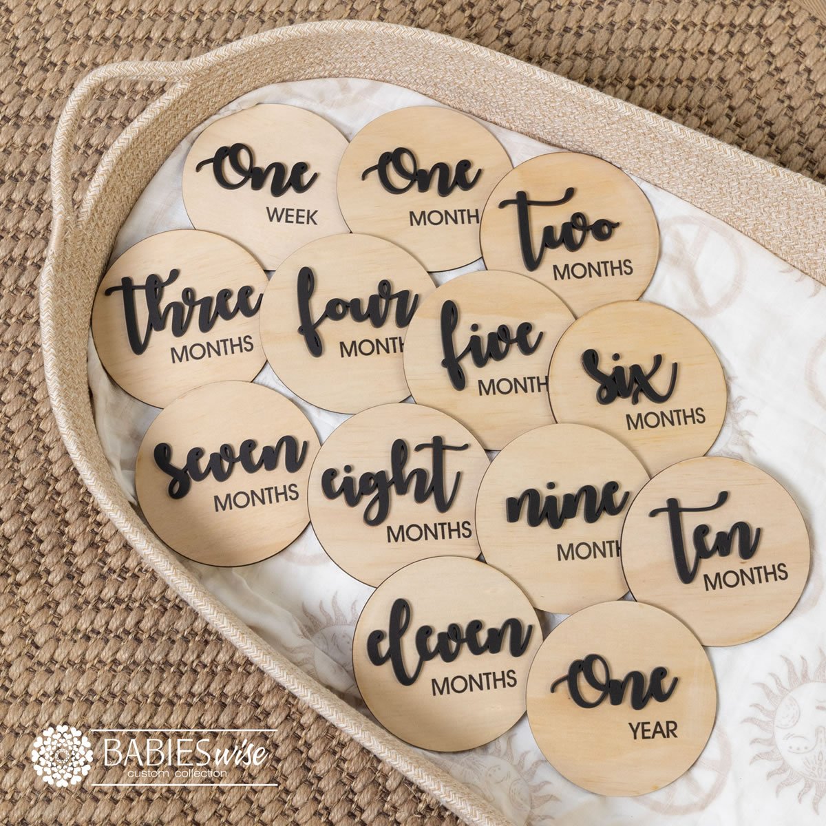 Baby Monthly Milestone Timber and 3D Acrylic Disc Set (Black)