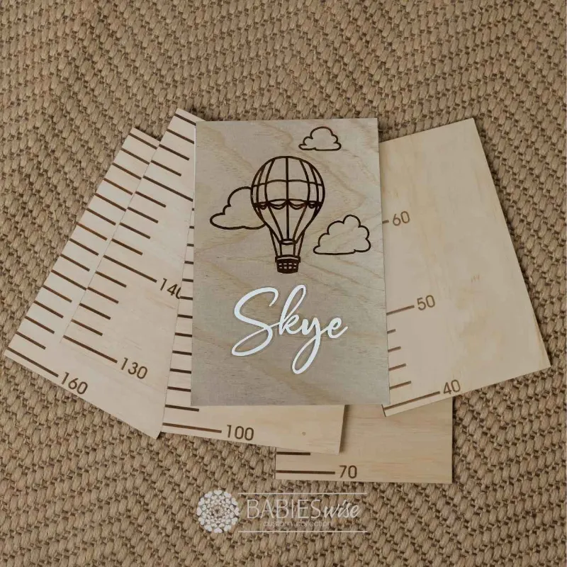 Personalised wooden growth chart with engraved custom design with 3D acrylic name