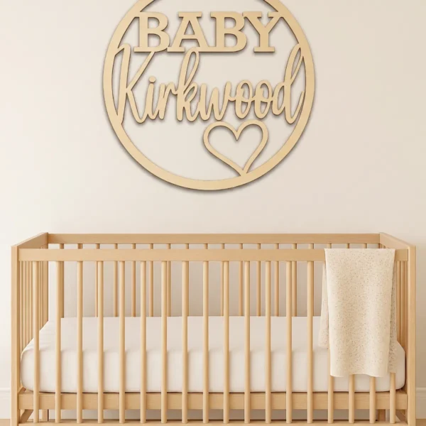 Personlised circular timber nursery sign featyring the word BABY in bold uppercase lettering, the surname is in a script font, and a love heart shape within a timber hoop. Styled in a nursery sign is above the neutral cot.