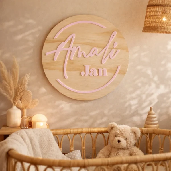 Personlised circular timber nursery name sign with raised 3D acrylic. Styled in a rattan cot in neutral nursery.