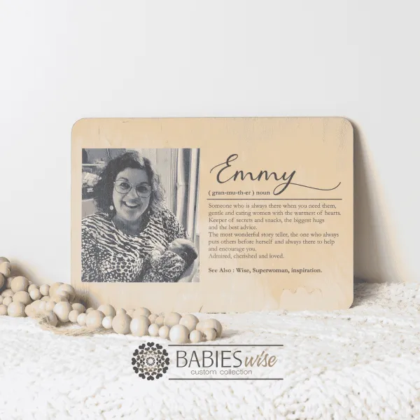 Personlised timber photo plaque featuring a cherished grandmother-and-grandchild customer supplied photograph along with a heartfelt definition of the word "Mother. Styled on a soft white blanket with wooden decorative beads.