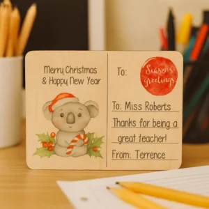Timber Christmas postcard featuring a Santa and reindeer illustration with the message "Merry Xmas and a Happy New Year" with a message for a school teacher. Styled on a teachers desk.