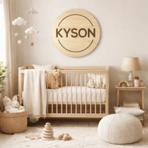 Round timber personlised nursery name sign with engraved name across the centre with a circular border surrounding the name. Styled in a nusery theme.