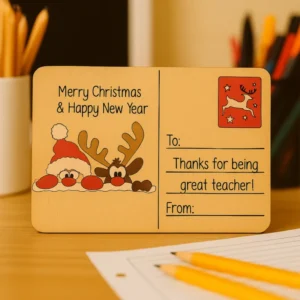 Timber Christmas postcard featuring a Santa and reindeer illustration with the message "Merry Xmas and a Happy New Year" with a message for a school teacher. Styled on a teachers desk.