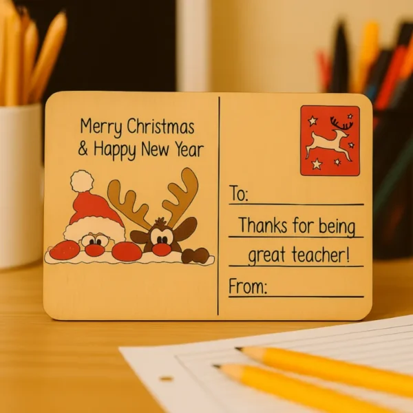 Timber Christmas postcard featuring a Santa and reindeer illustration with the message "Merry Xmas and a Happy New Year" with a message for a school teacher. Styled on a teachers desk.