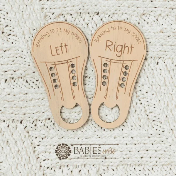 Timber learning-to-tie-shoes set featuring two foot-shaped boards labelled "Left" and "Right" with engraved shoe lace patterns to help children practise tying shoelaces.