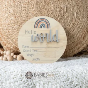 Hello World- Timber UV Printed Rainbow (Top of Plaque Blue Rainbow) 3D Acrylic “World” Birth Announcement Plaque