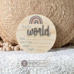 Hello World- Timber UV Printed Rainbow (Top of Plaque Blue Rainbow) 3D Acrylic “World” Birth Announcement Plaque