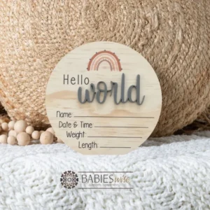Hello World- Timber UV Printed Rainbow (Top of Plaque Brown Rainbow) 3D Acrylic “World” Birth Announcement Plaque