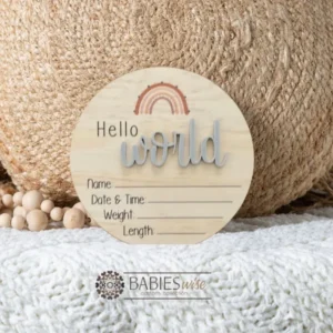 Hello World- Timber UV Printed Rainbow (Top of Plaque Brown Rainbow) 3D Acrylic “World” Birth Announcement Plaque