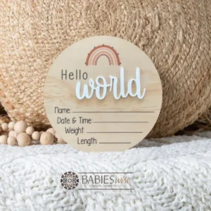 Hello World- Timber UV Printed Rainbow (Top of Plaque Brown Rainbow) 3D Acrylic “World” Birth Announcement Plaque