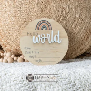 Hello World- Timber UV Printed Rainbow (Top of Plaque Blue Rainbow) 3D Acrylic “World” Birth Announcement Plaque